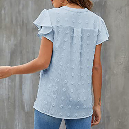 Women's V Neck Ruffle Short Sleeve Blouse Business Office Casual Top Shirts