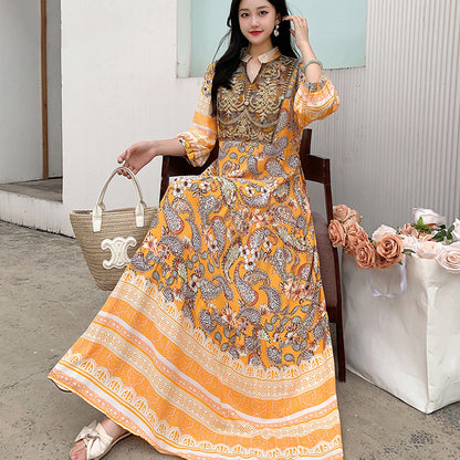 Ethnic Style Dress, Women's Summer Cotton Silk Floral Print