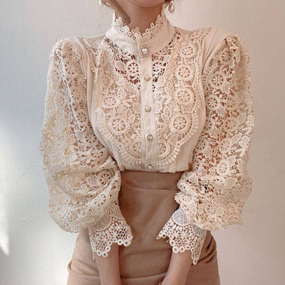 Elegant Women's Vintage Pearl Button Lace Blouse