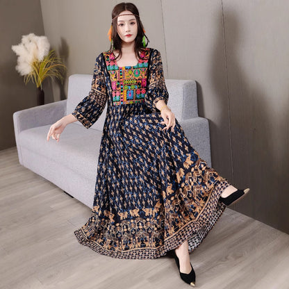 Bohemian Style Dress Ethnic Style Embroidered Large Swing Skirt