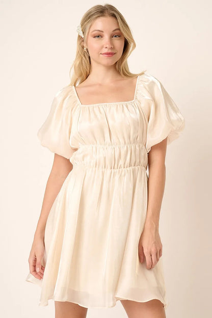 Mittoshop Metallic Organza Fabric Balloon Sleeve Mini Dress