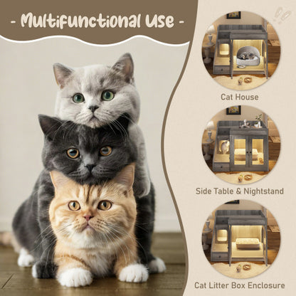 GO Cat Litter Box Enclosure With Light , Hidden Litter Box Furniture With 2 Storage Drawers, Indoor Cat House Side Table For Living Room