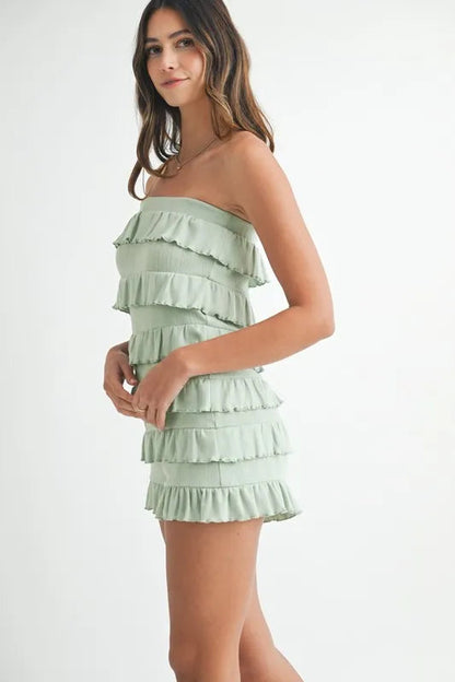 MABLE Pointelle Knit Fabric Ruffled Tube Romper