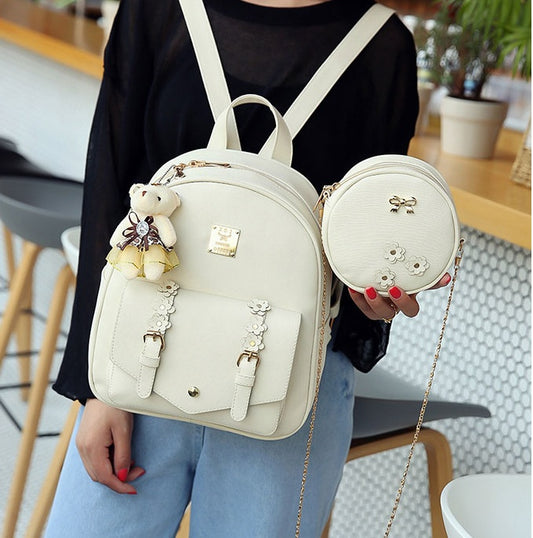 Women’s 3-Piece Set – Leather Backpack, Shoulder Bag & Flower Purse for Teen Girls
