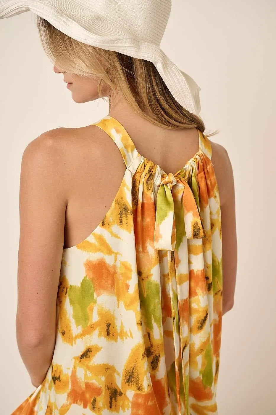 Mittoshop Watercolor Print Halter Neck Satin Maxi Dress