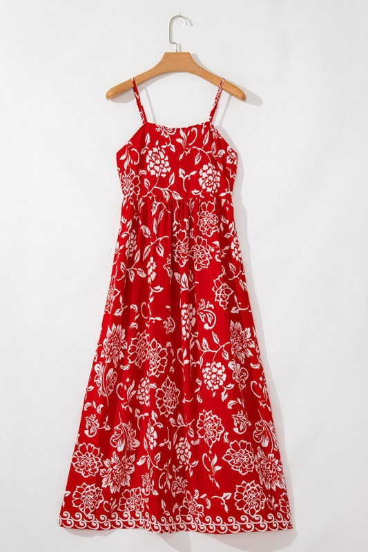 Red Floral Print Spaghetti Strap Empire Waist Maxi
