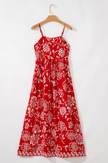 Red Floral Print Spaghetti Strap Empire Waist Maxi