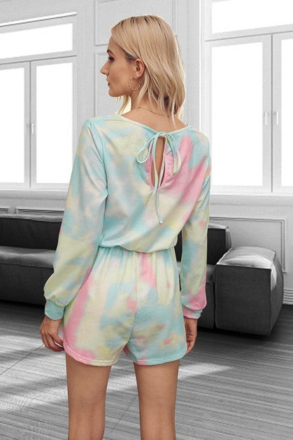 Tie Dye Round Neck Drawstring Romper