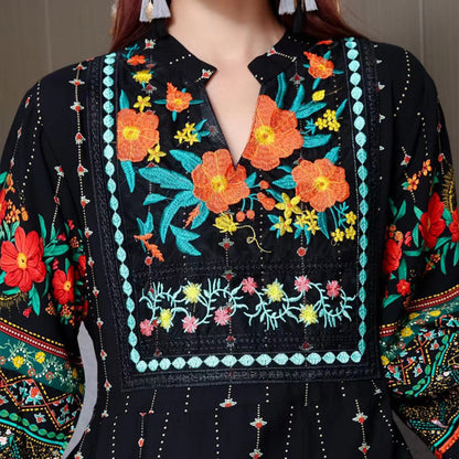 Women's Ethnic Style V-Neck Long Sleeve Dress