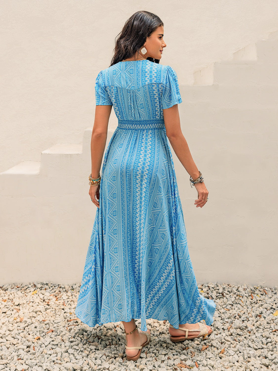 Printed Button Down Short Sleeve Maxi Dress