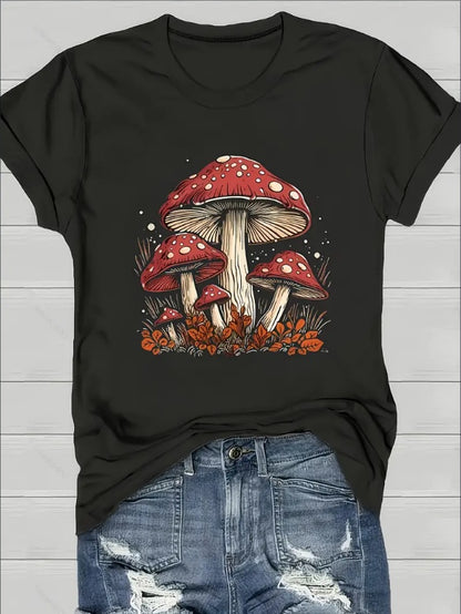 Short Sleeve Mushroom Print Crew Neck T-Shirt