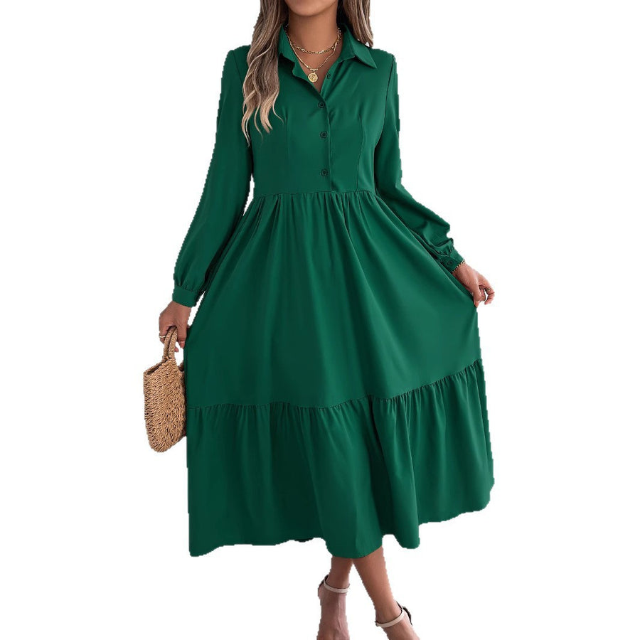 Women's Lapel Casual Loose Long Sleeve Ruffled Shirt Dresses