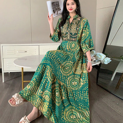 Ethnic Style Dress, Women's Summer Cotton Silk Floral Print