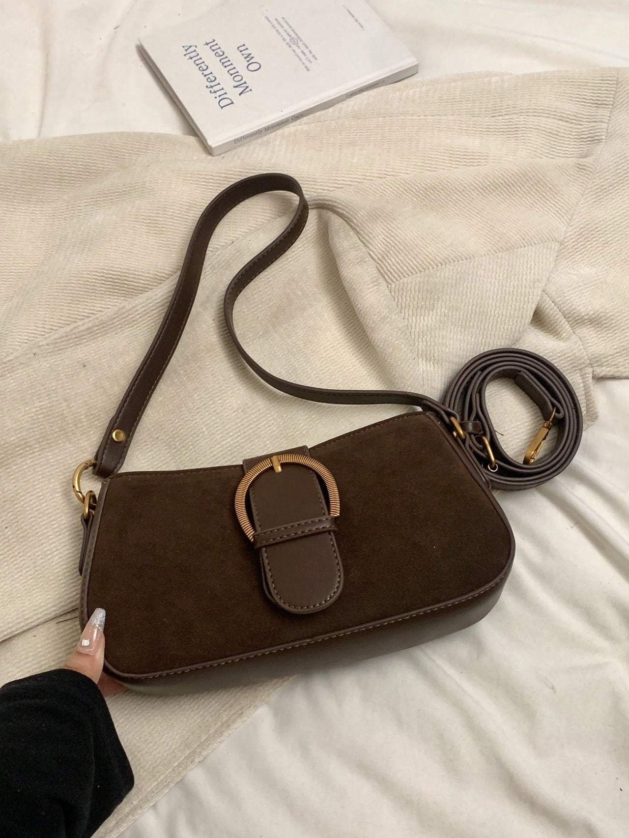 Women’s Retro Suede Saddle Bag – Solid Color Dual Strap Shoulder & Crossbody Purse