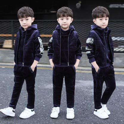 Boys’ 3-Piece Velvet Suit – Thick Autumn & Winter Outfit