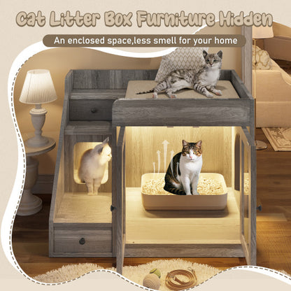 GO Cat Litter Box Enclosure With Light , Hidden Litter Box Furniture With 2 Storage Drawers, Indoor Cat House Side Table For Living Room
