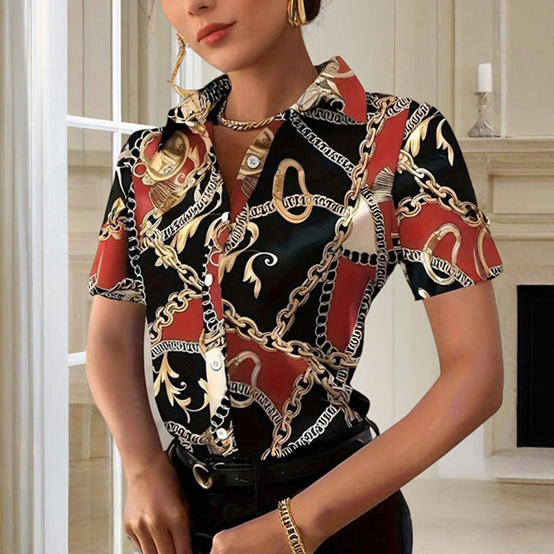 Women's Lapel Collar Short Sleeve Shirt - Chain Print Design, Button-Up Casual Top Comfortable