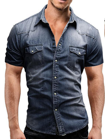Casual Solid Color Men's Denim Short Sleeve Shirt