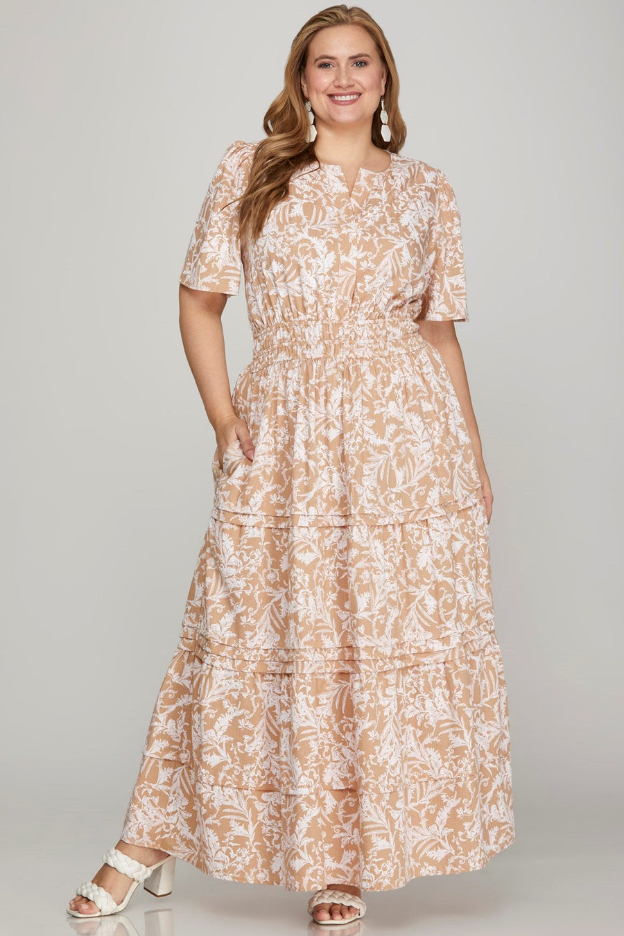 She + Sky Printed Notched Woven Tiered Pintuck Maxi Dress with Side