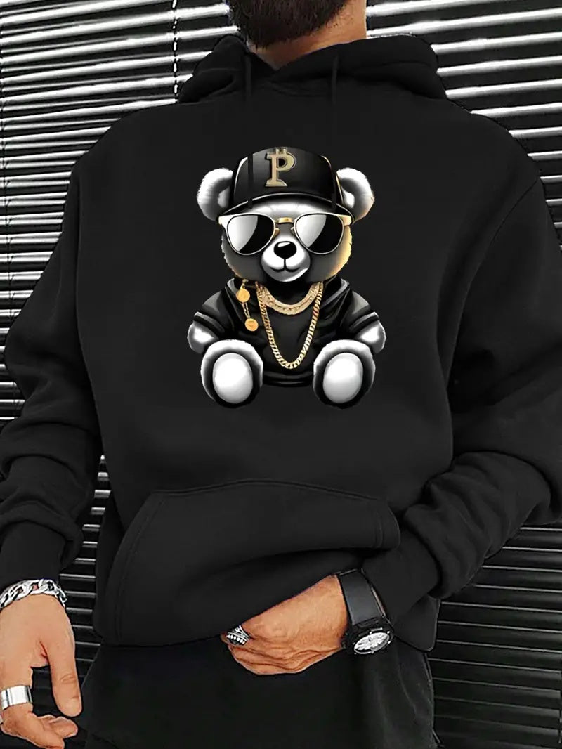 European And American Men's Hip-hop Teddy Bear Print Autumn And Winter Long Sleeved Hooded Sweatshirt With Fleece