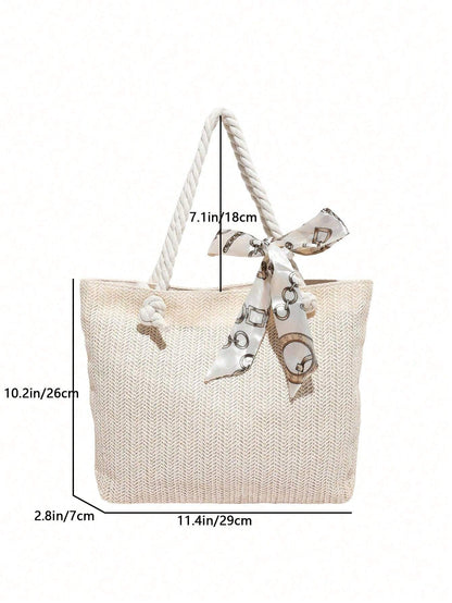 Women’s Woven Straw Tote Bag – New Style Large Capacity Handbag with Silk Scarf