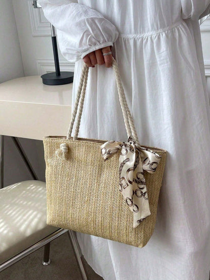 Women’s Large-Capacity Tote Bag – Straw Casual One-Shoulder Underarm Handbag
