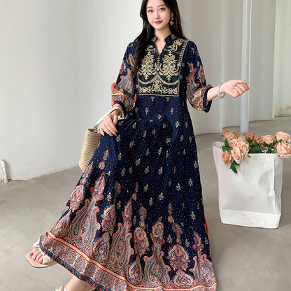 Ethnic Style Dress, Women's Summer Cotton Silk Floral Print