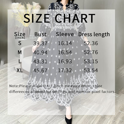 Women's Bohemian Embroidery V-neck Dress, Elegant 3 4 Sleeve A-line Swing Maxi Dress
