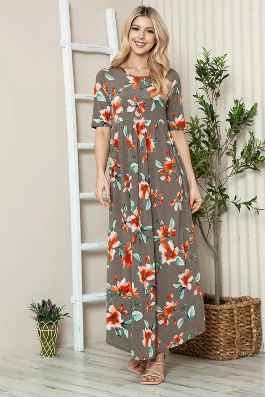 BOMBOM Floral Round Neck Short Sleeve Maxi Tee Dress