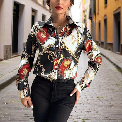 Women's Lapel Long Sleeve Shirt - Fitted Cut Intricate Print Button-Up Design Casual