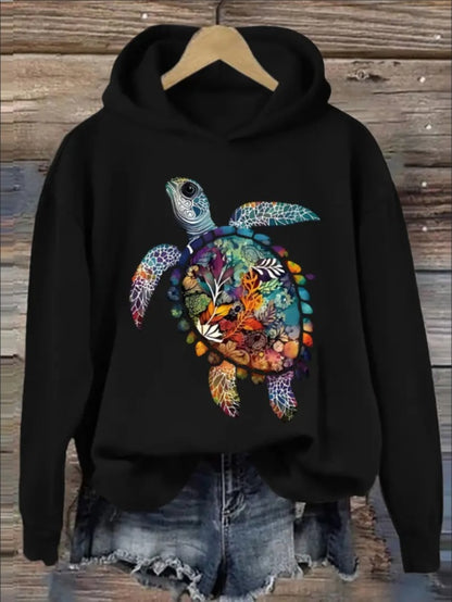 Turtle Print Hoodie - Soft, Cozy, And Stylish Casual Hooded Sweatshirt For Women
