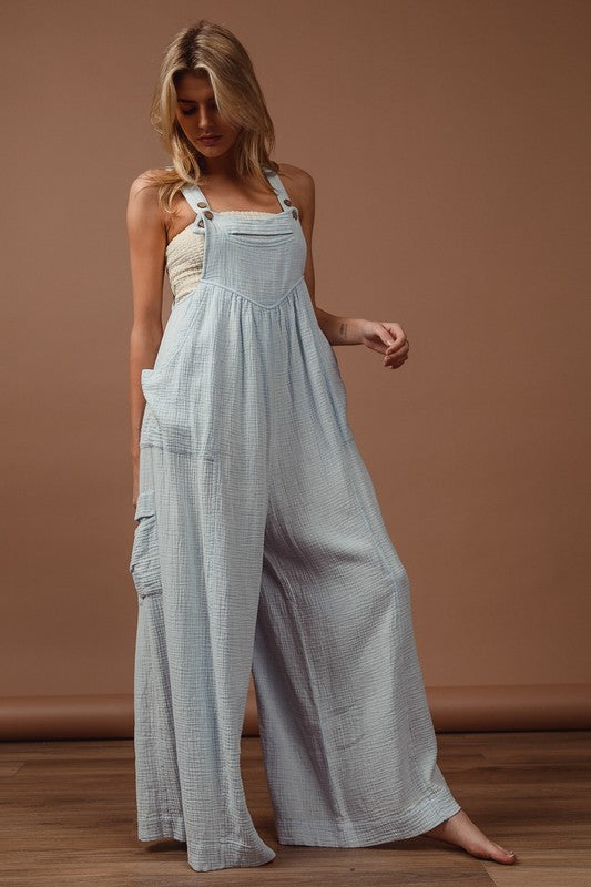 BiBi Vintage Washed Crinkle Gauze Wide Leg Overalls