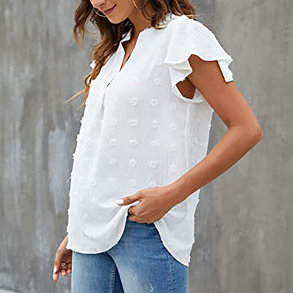 Women's V Neck Ruffle Short Sleeve Blouse Business Office Casual Top Shirts