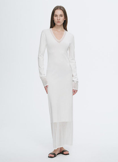 Virella Mesh‑Splice V‑Neck Dress