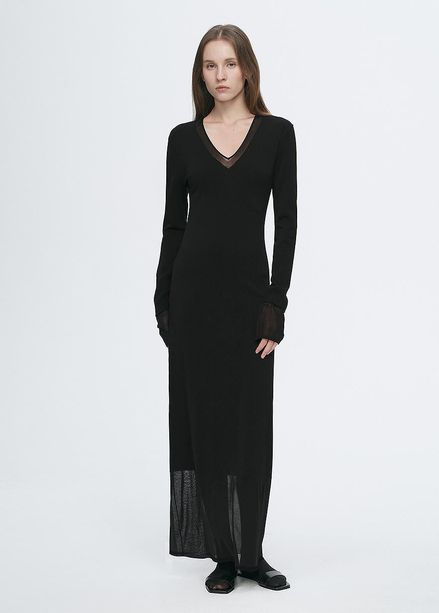 Virella Mesh‑Splice V‑Neck Dress