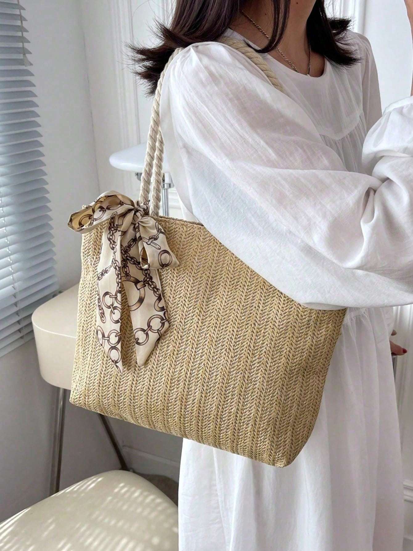 Women’s Large-Capacity Tote Bag – Straw Casual One-Shoulder Underarm Handbag