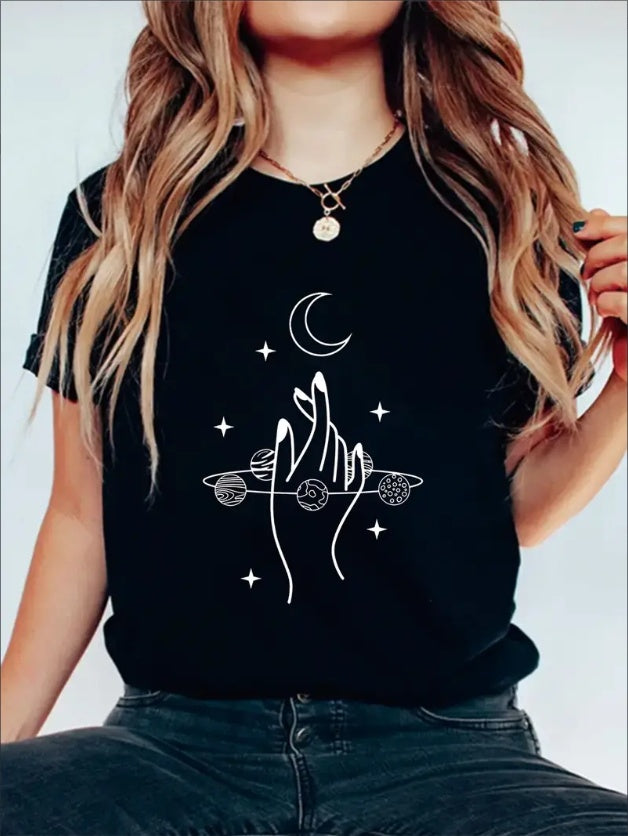 Short Sleeve Crew Neck Solid T-Shirt, Moon Graphic Print Women's Casual Top