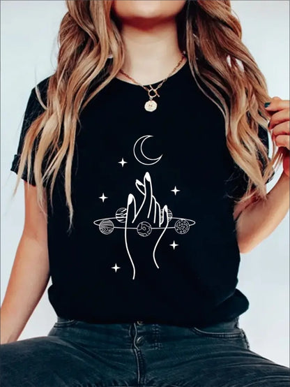 Short Sleeve Crew Neck Solid T-Shirt, Moon Graphic Print Women's Casual Top