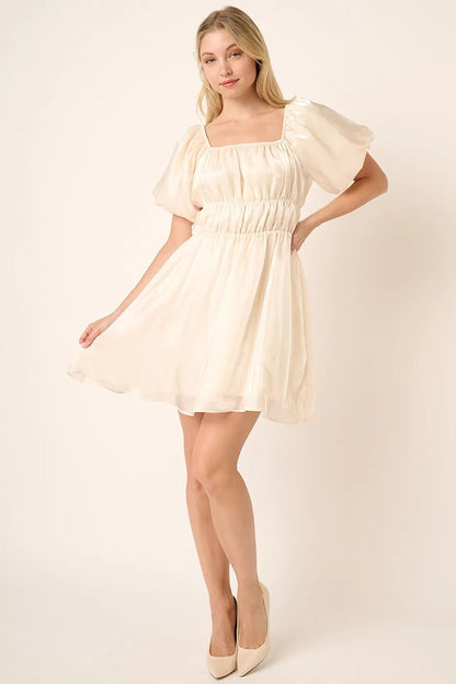 Mittoshop Metallic Organza Fabric Balloon Sleeve Mini Dress