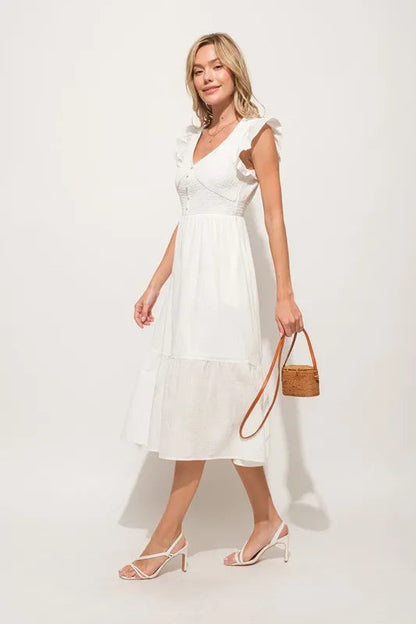 And The Why Ruffle Sleeve Front Smocked Tiered Midi Dress