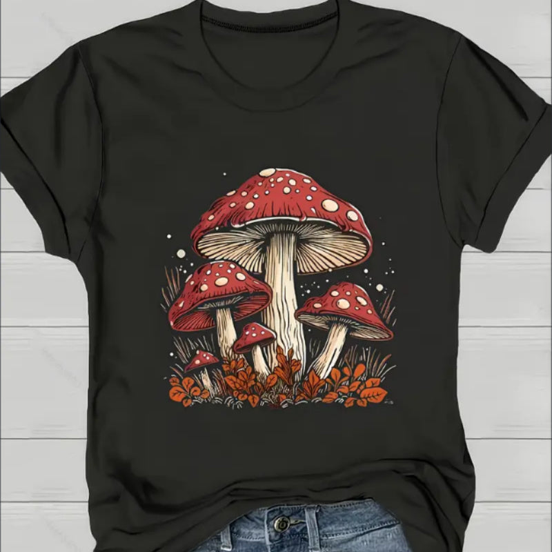 Short Sleeve Mushroom Print Crew Neck T-Shirt