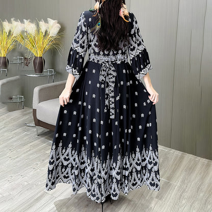 Women's Bohemian Embroidery V-neck Dress, Elegant 3 4 Sleeve A-line Swing Maxi Dress