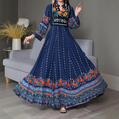 Women's Ethnic Style V-Neck Long Sleeve Dress