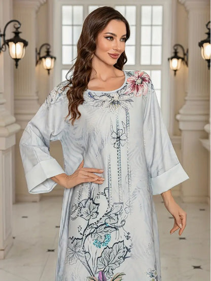 Elegant Floral Print Long Sleeve Abaya Dress