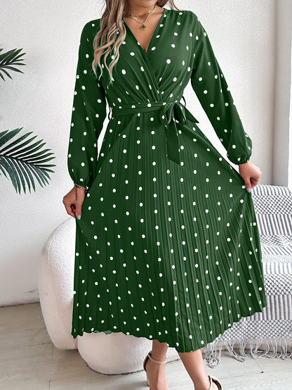 Spring Summer Elegant Long Dress Cross V-Neck Contrast Polka Dot Long Sleeve Pleated Bridesmaid Dresses