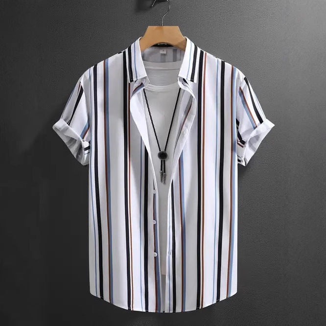 Men's Fashion Trend Stripes Short Sleeve Stand Collar Shirt