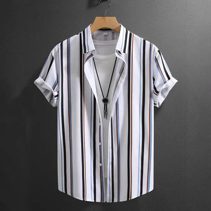 Men's Fashion Trend Stripes Short Sleeve Stand Collar Shirt