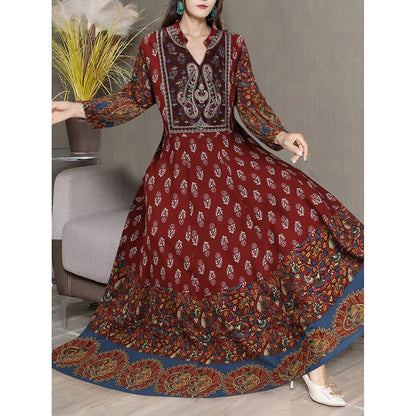 Women's Bohemian 3 4 Sleeve Floral Swing Dress Ethnic Embroidery Notched Neck Big Swing Dress