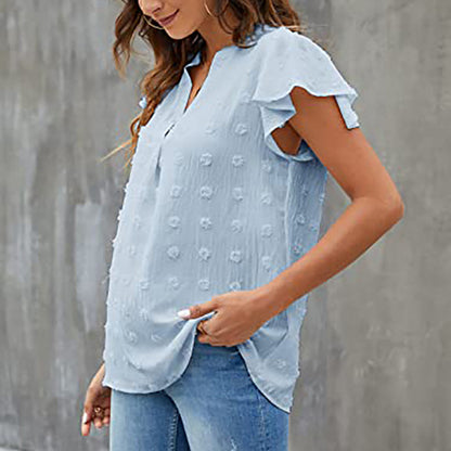 Women's V Neck Ruffle Short Sleeve Blouse Business Office Casual Top Shirts