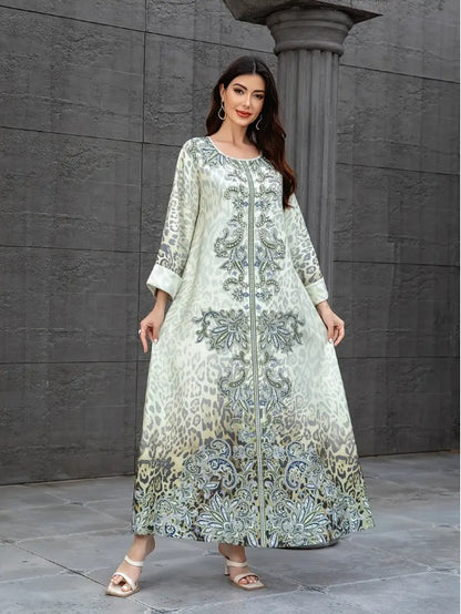 Elegant Floral Print Long Sleeve Abaya Dress